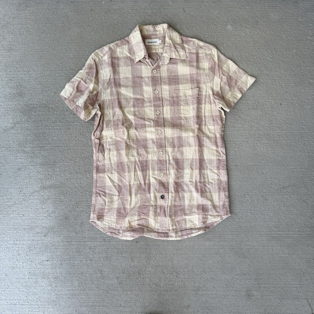 Taylor‎ Stitch Men's Short Sleeve Button Up Shirt Size 36 Red Beige Check Linen